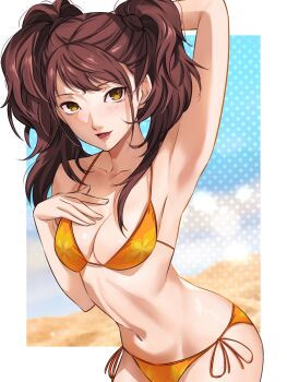 1girl arm_up armpits beach bikini breasts brown_eyes brown_hair cleavage commentary curvy day english_commentary hand_on_own_chest happy kujikawa_rise long_hair looking_at_viewer navel ocean orange_bikini outdoors persona persona_4 shiny_skin side-tie_bikini_bottom simple_background sky swimsuit thong thong_bikini twintails wanderstillart wide_hips