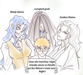 Rule 34 | 1boy, 3girls, black ribbon, black sclera, blue hair, blush, brown vest, bunny ears prank, buttons, character name, collared shirt, colored sclera, commentary, curly hair, emiya shirou, english commentary, english text, fate/stay night, fate (series), genderswap, genderswap (mtf), grin, highres, holding, holding sign, long hair, longlere, matou shinji, matou zouken, mature female, multiple girls, no pupils, old, old woman, orange hair, red trim, ribbon, ribbon hair, shadow (fate/stay night), shirt, short hair, sign, smile, very long hair, vest, white eyes, white shirt, yellow eyes