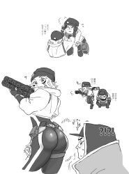 Rule 34 | !?, :3, ?, absurdres, animification, apex legends, ass, baseball cap, beanie, bodysuit, chibi, chibi inset, chouson, crypto (apex legends), electric incognito wattson, fingerless gloves, gloves, greyscale, gun, hat, highres, holding, holding gun, holding weapon, holographic monitor, jacket, looking back, looking up, low profile crypto, monochrome, nervous sweating, official alternate costume, solid eyes, surprised, sweat, translation request, v-shaped eyebrows, wattson (apex legends), weapon, white background