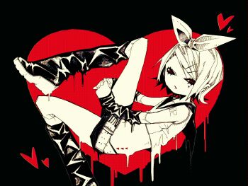 Rule 34 | 1girl, akaname (akaname 404), belt, black boots, boots, bow, commentary request, cropped shirt, dissolving, facial mark, foot out of frame, from side, hair bow, heart, heart facial mark, highres, kagamine rin, leg up, looking at viewer, melting heart, own hands together, parted lips, partially colored, reclining, red eyes, ringed eyes, short hair, short shorts, shorts, solo, vocaloid