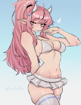 Rule 34 | 1girl, ahoge, arm behind head, bikini, bikini skirt, blue background, breasts, character request, cleavage, closed mouth, commentary, copyright request, cowboy shot, curvy, freckles, frostbitenerd, gradient background, groin, hair ornament, heart, highres, horns, long hair, medium breasts, navel, pink eyes, pointy ears, ponytail, skindentation, swimsuit, symbol-only commentary, thighhighs, twitter username, white bikini, white thighhighs, x hair ornament
