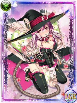 1girl alternate_breast_size_(larger) bare_shoulders belt belt_collar black_dress black_thighhighs blush breasts card_(medium) cleavage collar covered_navel detached_sleeves dress drunk earrings full_body gloves hat hat_belt jewelry kai-ri-sei_million_arthur kaku-san-sei_million_arthur kneeing large_hat long_hair looking_at_viewer million_arthur_(series) nimue_(kaku-san-sei_million_arthur) official_art pink_hair potion red_belt red_collar red_eyes refeia solo strapless strapless_dress thighhighs third-party_source toeless_legwear vacuum_cleaner variant_set witch witch_hat