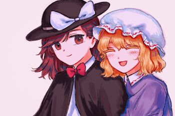 Rule 34 | 2girls, black capelet, black hat, blonde hair, blush, bow, bowtie, brown eyes, brown hair, capelet, closed eyes, collared dress, colored eyelashes, commentary, dress, hat, hat bow, highres, hug, hug from behind, kihaji140, maribel hearn, medium hair, mob cap, multiple girls, open mouth, purple dress, red bow, red bowtie, shirt, simple background, smile, touhou, upper body, usami renko, white background, white hat, white shirt