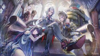 1other 4girls absurdres arlecchino_(genshin_impact) black_hair black_pants blonde_hair blue_eyes brown_hair closed_eyes closed_mouth columbina_(genshin_impact) commentary_request couch crossed_legs detached_sleeves dress feathered_wings genshin_impact hair_between_eyes hair_ornament hair_ribbon head_wings high_heels highres humanoid_robot index_finger_raised indoors long_hair long_sleeves looking_at_viewer minamo_(edosei_edo) multiple_girls multiple_wings on_couch pants pantyhose pink_hair pulonia_(genshin_impact) red_eyes ribbon robot sandrone_(genshin_impact) signora_(genshin_impact) sitting smile strapless strapless_dress white_dress white_pantyhose wide_sleeves wings