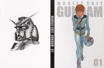 1970s_(style) 1980s_(style) 1990s_(style) 1boy 2006 absurdres amuro_ray belt concept_art cover dated earth_federation graphite_(medium) gun gundam helmet highres holding holding_unworn_helmet machine_gun machinery magazine_scan mecha mecha_pilot_suit military_rank_insignia mobile_suit mobile_suit_gundam monochrome oldschool ookawara_kunio painting_(medium) red_hair retro_artstyle robot rx-78-2_gundam scan science_fiction serious signature sketch title traditional_media unworn_headwear unworn_helmet v-fin walking walking_towards_viewer weapon white_background yasuhiko_yoshikazu