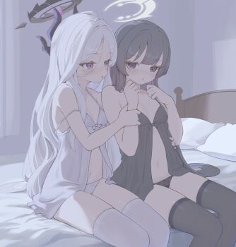 Rule 34 | 2girls, alternate costume, babydoll, black dress, black hair, blue archive, blush, breasts, commentary request, dress, gman (gsdeman), halo, highres, hina (blue archive), kisaki (blue archive), lingerie, long hair, multiple girls, on bed, small breasts, underwear, white dress, white hair, yuri