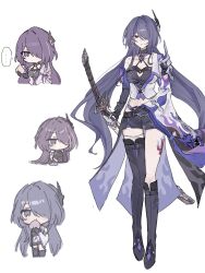 Rule 34 | ..., 1girl, 43ld6, acheron (honkai: star rail), armor, bandaged leg, bandages, belt, black belt, black choker, black gloves, black shirt, black shorts, boots, breasts, chain, chain around arm, chibi, chibi inset, choker, cleavage, closed mouth, coat, coattails, collarbone, criss-cross halter, crop top, earrings, eating, elbow gloves, food, fruit, gloves, hair intakes, hair ornament, hair over one eye, halterneck, highres, holding, holding food, holding fruit, holding sword, holding weapon, honkai: star rail, honkai (series), jewelry, knee boots, large breasts, leg tattoo, long hair, looking at food, looking at viewer, midriff, multicolored hair, multiple views, navel, peach, purple eyes, purple hair, scabbard, sheath, sheathed, shirt, shorts, shoulder armor, simple background, single elbow glove, single knee boot, single thigh boot, single wide sleeve, sitting, spoken ellipsis, standing, streaked hair, sword, tattoo, thigh boots, thighs, weapon, white background, white coat