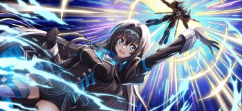 1girl arm_up black_gloves black_hair black_jacket blue_eyes breasts code_geass code_geass:_lost_stories commentary_request f4samurai gloves hairband highres jacket knightmare_frame large_breasts long_hair maya_disel mecha official_art open_mouth robot smile solo