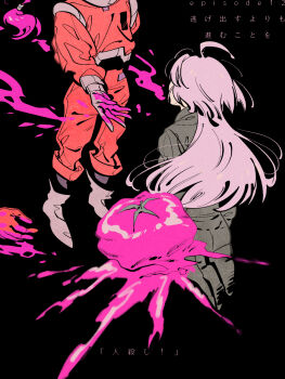 Rule 34 | 2girls, ahoge, black background, blood, blood on hands, blood splatter, film grain, full body, gloves, gundam, gundam aerial slap (meme), gundam suisei no majo, head out of frame, highres, limited palette, long hair, long sleeves, low ponytail, meme, miorine rembran, multiple girls, nana (1775inaba), outstretched hand, pink blood, ponytail, red hair, simple background, spacesuit, splatter, spoilers, suletta mercury, tomato, white footwear, white gloves, white hair