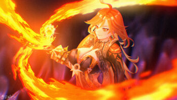 1girl ahoge biker_clothes bikesuit black_bodysuit black_gloves bodysuit breasts cleavage earrings fire genshin_impact gloves highres jewelry large_breasts long_hair long_sleeves mavuika_(genshin_impact) multicolored_hair orange_eyes orange_hair pyrokinesis red_hair smile solo sun_earrings symbol_in_eye two-tone_hair very_long_hair viw