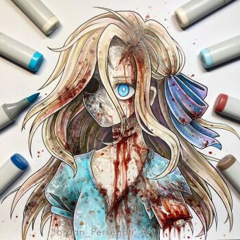 1girl ahoge amputee art_tools_in_frame blonde_hair blood blood_from_forehead blood_from_neck blood_in_hair blood_on_arm blood_on_clothes blue_bow blue_eyes blue_shirt bone bow breasts bright_pupils closed_mouth commentary copic_(brand) creepypasta curtained_hair english_commentary frown guro hair_between_eyes hair_bow hollow_eyes horror_(theme) injury instagram_username jordan_persegati lifeless_lucy long_hair looking_ahead marker_(medium) puffy_short_sleeves puffy_sleeves shirt short_sleeves small_breasts solo torn_clothes torn_shirt traditional_media upper_body white_pupils