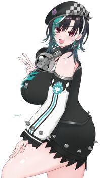 1girl beret black_dress black_hair black_hat blush breasts detached_sleeves dress earrings fang from_side green_hair hand_on_own_thigh hat headphones headphones_around_neck hololive huge_breasts jewelry kasutera_mikan kasuterastellar medium_hair multicolored_hair multiple_rings open_mouth pink_eyes purple_hair rindo_chihaya ring short_dress skin_fang sleeveless sleeveless_dress smile solo standing steering_wheel streaked_hair thick_thighs thighs v virtual_youtuber white_background white_hair white_sleeves wolf_cut