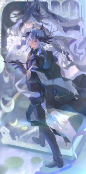 1boy 1girl absurdres arknights black_gloves black_jacket black_pants black_shoes black_veil chinese_commentary closed_eyes closed_mouth commentary_request crescent earrings flower full_body gloves grey_hair hair_between_eyes head_wings highres holding holding_pen horns jacket jewelry kouyangchatuolajisiji laqeramaline_(arknights) logos_(arknights) long_hair long_sleeves looking_at_viewer looking_back mother_and_son nib_pen_(object) pants pen pointy_ears red_eyes see-through_clothes see-through_veil shoes standing veil white_flower wings