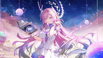 1girl absurdres as_i&#039;ve_written_(honkai:_star_rail) book breasts chinese_commentary commentary_request cowboy_shot cyrene_(honkai:_star_rail) cyrene_(ripples_of_past_reverie)_(honkai:_star_rail) dress flower gradient_hair hair_flower hair_ornament hand_up highres holding holding_book honkai:_star_rail honkai_(series) large_breasts long_hair looking_at_viewer multicolored_hair parted_lips pink_hair planet purple_eyes purple_flower purple_rose rose smile solo tongyu very_long_hair white_dress