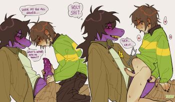 1boy 1futa absurdres brown_hair colored_skin colored_teeth deltarune drooling floatyart furry futa_with_male futanari genderswap genderswap_(otm) highres kris_(deltarune) long_hair penis purple_skin reptile_girl size_difference speech_bubble stomach_bulge susie_(church_clothes)_(deltarune) susie_(deltarune) sweat sweater thought_bubble utdr_(toby_fox) yellow_teeth