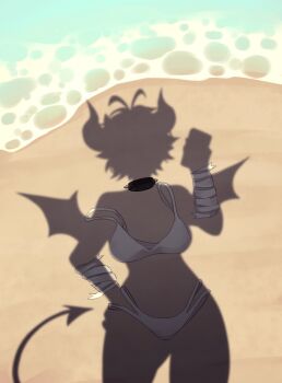 1girl absurdres bandages bat_wings beach bikini blaire_rune blairevt breasts cellphone clothing_aside collar demon_horns demon_tail dressed_shadow_(meme) highres horns implied_nudity indie_virtual_youtuber meme nonbinary phone pointy_ears short_hair smartphone spiked_collar spikes swimsuit tail taking_picture unworn_clothes virtual_youtuber white_bikini wings