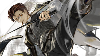 1boy beard_stubble belt black_jacket black_necktie brown_hair cigar collared_shirt dagger facial_hair feet_out_of_frame from_below glasses gregor_(project_moon) hair_slicked_back highres holding holding_dagger holding_knife holding_weapon jacket jacket_on_shoulders knife limbus_company looking_at_viewer male_focus necktie night_awls_(identity)_(project_moon) nishikujic official_alternate_costume orange_eyes peg_leg project_moon scar scar_on_face serious shirt smoke smoke_trail smoking solo spread_legs striped_clothes striped_vest stubble vest weapon white_shirt