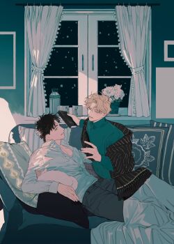 2boys benjamin_(hadashi_no_tenshi) black_hair blonde_hair book cat clenched_teeth commentary_request couch couple curtains fingernails flower green_sweater grey_pants hadashi_no_tenshi highres holding holding_book leaf leaf_print long_sleeves looking_at_another male_focus multiple_boys nnmy_itp0 pants parted_lips pillow shirt short_hair smile sweater teeth turner_wilson turtleneck turtleneck_sweater white_shirt window yaoi