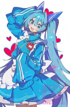 1girl apron aqua_eyes blue_eyes blue_hair blue_jacket blue_skirt blush breasts commentary_request frilled_apron frills hair_between_eyes hair_ornament hatsune_miku highres jacket jersey_maid kawasaki_(kwsk_8765) long_hair looking_at_viewer maid maid_apron open_mouth skirt sleeves_past_fingers sleeves_past_wrists smile solo track_jacket twintails unconventional_maid very_long_hair vocaloid waist_apron white_apron x_hair_ornament