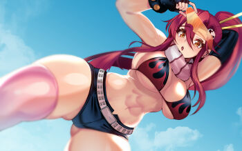 Rule 34 | 1girl, bikini, black bikini, black gloves, black shorts, blue sky, blush, breasts, brown eyes, cloud, commentary, commentary request, day, english commentary, eyewear on head, fingerless gloves, gloves, hair ornament, highres, large breasts, long hair, looking at viewer, mixed-language commentary, navel, open mouth, outdoors, pink thighhighs, ponytail, red hair, short shorts, shorts, skull hair ornament, sky, solo, sunglasses, swimsuit, tengen toppa gurren lagann, thighhighs, volyz, yoko littner