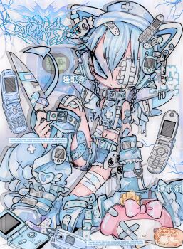 1boy amatou_akuma animal_ears bag bandage_over_one_eye bandaged_head bandaged_leg bandages bandaid bandaid_on_face bandaid_on_hair bandaid_on_knee bandaid_on_leg belt belt_buckle blue_belt blue_buckle blue_eyes blue_eyeshadow blue_hair blue_leg_warmers blue_shirt blue_shoes blue_shorts blue_strap blue_tail blue_theme blue_wings bow buckle burger cat_ears cellphone closed_mouth collar controller crop_top cross cross_print crossed_bandaids demon_tail denim detached_sleeves drink drinking_straw ear_piercing earrings english_text eyepatch eyeshadow fake_animal_ears flip_phone food french_fries frills full_body game_console game_controller hair_between_eyes hair_ornament handheld_game_console hat highres holding holding_knife jewelry knee_up knife leg_warmers looking_at_viewer makeup male_focus medical_eyepatch midriff mini_wings my_melody navel nintendo_switch nurse_cap one_eye_covered original phone piercing platform_shoes sanrio shirt shoes short_hair short_shorts shorts signature sitting sleeveless sleeveless_shirt sleeves_past_wrists smartphone solo stuffed_animal stuffed_toy tail teddy_bear torn_clothes torn_shorts wings x_x