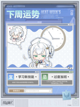 1girl :< ^_^ ahoge amanatsu_uni analog_clock bare_shoulders bastelina_(stella_sora) braid braided_hair_rings chibi chibi_only chinese_commentary chinese_text clock closed_eyes closed_mouth coffee_mug collared_dress colored_eyelashes commentary_request crossed_out cup dress english_text frown green_eyes hair_ornament hair_rings hairpin hat highres holding holding_cup jitome long_sidelocks mug off_shoulder official_art second-party_source short_hair_with_long_locks sidelocks sleeveless sleeveless_dress solo speech_bubble stella_sora thought_bubble translation_request v-shaped_eyebrows white_dress white_eyelashes white_hair white_hat
