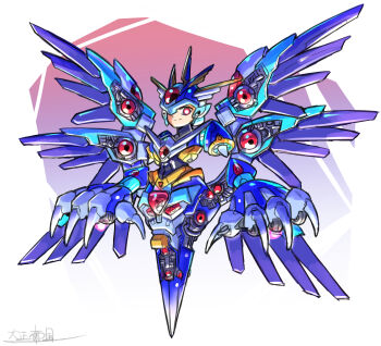 1boy alternate_form alternate_wings android angel angel_wings bodysuit claw_(weapon) claws copy_x_(mega_man) final_boss gloves helmet highres oversized_wings male_focus multiple_eyes multiple_wings oomasa_teikoku red_eyes mega_man_(series) mega_man_zero_(series) seraph weapon white_background wings
