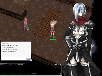 1girl armor assassin_cross_(ragnarok_online) black_gloves black_leotard black_thighhighs blue_eyes blue_hair breasts commentary_request cowboy_shot elbow_gloves game_screenshot_background gloves hair_over_one_eye leotard looking_at_viewer medium_breasts pauldrons ragnarok_online screenshot_background short_hair shoulder_armor solo thighhighs toriria translation_request vambraces