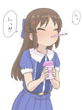 1girl blue_dress brown_hair child closed_eyes dress feet_out_of_frame food highres holding idolmaster idolmaster_cinderella_girls idolmaster_cinderella_girls_u149 long_hair pocky sleeveless solo standing tachibana_arisu yuzu-p