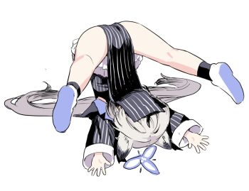 1girl animal_ears arms_up black_dress black_socks blue_archive blue_halo china_dress chinese_clothes dress grey_hair halo jacket kokona_(blue_archive) legs_up long_hair long_sleeves lying mizuno_uchi on_back pelvic_curtain protected_link revision shoe_soles shoes simple_background sketch socks solo spread_legs straight_hair striped_clothes striped_dress striped_jacket tiger_ears tiger_girl upside-down vertical-striped_clothes vertical-striped_dress vertical-striped_jacket white_background white_shoes wide_sleeves