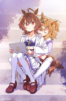 2girls agnes_tachyon_(umamusume) ahoge animal_ears brown_hair brown_shoes closed_eyes closed_mouth coat commentary_request computer crossed_bangs hair_ornament hairclip highres horse_ears horse_girl horse_tail jungle_pocket_(umamusume) korean_commentary lab_coat laptop long_sleeves mazu1kan multiple_girls open_clothes open_coat open_mouth pleated_skirt red_eyes school_uniform shoes short_sleeves sitting sitting_on_lap sitting_on_person skirt stairs tail thighhighs tracen_school_uniform twitter_username umamusume white_coat white_skirt white_thighhighs yuri