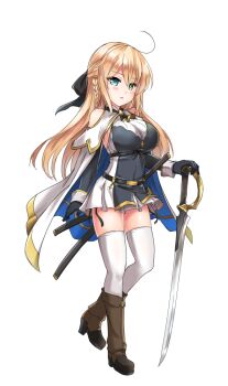 Rule 34 | 1girl, ahoge, bare shoulders, belt, black dress, black gloves, black ribbon, blonde hair, blue cloak, blue eyes, boots, braid, breasts, clip studio paint (medium), cloak, closed mouth, clothing cutout, commentary request, crossed legs, dot nose, dress, elbow gloves, expressionless, eyebrows hidden by hair, fantasy, gloves, gold trim, green eyes, hair between eyes, hair ribbon, half updo, heterochromia, holding, holding sword, holding weapon, large breasts, light blush, looking ahead, miyuki rei, original, parted lips, platform boots, ribbon, saber (weapon), scabbard, sheath, sheathed, short dress, shoulder cutout, side braids, sideboob, skirt, sleeveless, sleeveless dress, solo, standing, sword, sword world, sword world 2.0, thighhighs, thighs, two-tone cloak, watson cross, weapon, white background, white cloak, white skirt, white sleeves, white thighhighs, white wrist cuffs, wrist cuffs, zettai ryouiki