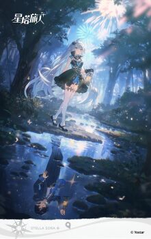 1boy 1girl absurdres aerial_fireworks ahoge black_coat black_hair black_jacket black_pants black_shoes blue_dress blue_hairband blue_necktie coat collared_shirt commentary_request copyright_logo copyright_name different_reflection dress dress_shirt dual_persona female_tyrant_(stella_sora) fireworks forest full_body grey_hair hair_over_one_eye hairband highres holding_lamp jacket konya_karasue logo long_hair male_tyrant_(stella_sora) mary_janes nature necktie night night_sky oil_lamp one_eye_covered open_clothes open_jacket outdoors pants pointy_ears reflection reflective_water shirt shoes short_dress short_hair sky sleeveless sleeveless_coat sleeveless_dress stella_sora thighhighs tyrant_(stella_sora) very_long_hair white_shirt white_thighhighs