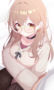 Rule 34 | 1boy, 1girl, absurdres, ahoge, black choker, black streaks, bottomless, brown eyes, brown hair, brown skirt, choker, closed mouth, commentary, crossed bangs, daf (daf 4), double-parted bangs, english commentary, glasses, grey hoodie, hair between eyes, handjob, hetero, highres, hololive, hololive english, hood, hoodie, jewelry, long hair, nanashi mumei, nanashi mumei (casual), necklace, official alternate costume, official alternate hairstyle, plaid clothes, plaid skirt, shirt, sidelocks, sitting, skirt, sleeves past fingers, sleeves past wrists, smile, virtual youtuber, white shirt, white streaks, yellow-framed eyewear