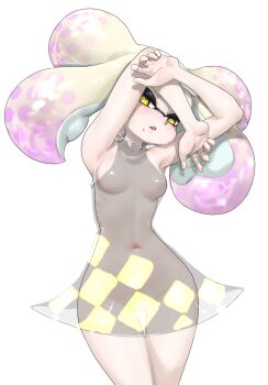 1girl arms_up breasts checkered_clothes checkered_dress colored_inner_hair cowboy_shot domino_mask dress eye_mask high_collar highres koharu2.5 long_hair mask mole mole_under_mouth multicolored_hair navel nintendo no_bra no_nipples no_panties parted_lips pearl_(splatoon) pink_hair pink_lips polka_dot polka_dot_hair pussy see-through_clothes see-through_dress sideways_glance simple_background sleeveless sleeveless_dress splatoon_(series) star-shaped_pupils star_(symbol) symbol-shaped_pupils tentacle_hair thigh_gap upturned_nose white_background white_hair yellow_eyes yellow_pupils
