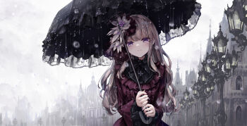 1girl architecture black_bow black_bowtie black_umbrella bow bowtie building closed_mouth commentary cross cross_necklace cross_patonce crying crying_with_eyes_open dress flower frilled_dress frills gothic_architecture greek_cross grey_hair grey_sky hair_flower hair_ornament highres holding holding_umbrella jewelry lamppost light_blush long_hair long_sleeves missile228 necklace original outdoors overcast purple_eyes rain red_dress sad sky solo symbol-only_commentary tears umbrella upper_body very_long_hair victorian wavy_mouth white_flower