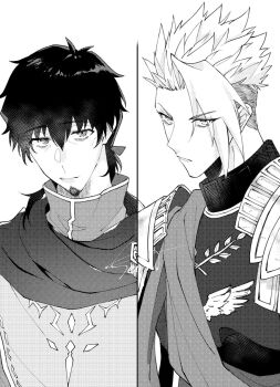 2boys achilles_(fate) bags_under_eyes cape closed_mouth cross_(314v170) facial_hair fate/grand_order fate_(series) frown goatee greyscale hair_between_eyes hector_(fate) highres male_focus monochrome multiple_boys ponytail sash serious short_hair short_ponytail spiked_hair split_screen undercut
