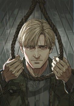 1boy absurdres brown_hair buttons closed_mouth coat commentary english_commentary green_coat grey_shirt highres james_sunderland looking_at_viewer male_focus noose nyeigneous remake shirt short_hair silent_hill_(series) silent_hill_2 silent_hill_2_(remake) solo wooden_floor