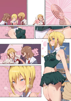 3girls agovitch ahoge blonde_hair blue_eyes blush breasts breath brown_hair chair cheerleader classroom close-up desk covered_erect_nipples highres indoors legs medium_hair midriff multiple_girls multiple_views navel open_mouth original panties pantyshot pom_pom_(cheerleading) school_uniform seifuku_bishoujo_2gakki_ee!?_oshiri_ni_koishiteru?_cheer_girl-chan_to_dosukebe_na_onnanoko-tachi_dattee? sequential short_hair skirt small_breasts standing thighs underwear