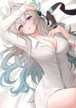 1girl absurdres arm_up bed_sheet blush breasts cleavage commentary firefly_(honkai:_star_rail) green_nails hairband highres honkai:_star_rail honkai_(series) kebi_(soo_owl) large_breasts long_hair looking_at_viewer lying naked_shirt on_back on_bed parted_lips partially_unbuttoned purple_eyes shirt solo symbol-only_commentary unworn_hairband white_shirt