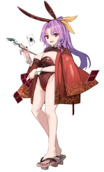 1girl ace_(playing_card) ace_of_spades alternate_costume animal_ears breasts brown_leotard card cleavage coat coat_on_shoulders commentary_request covered_navel game_cg geta hakurei_frontier_spell_strive highleg highleg_leotard highres holding holding_card holding_smoking_pipe kamukamu_(ars) kiseru komakusa_sannyo large_breasts leotard long_hair looking_at_viewer official_art open_mouth playboy_bunny playing_card purple_hair rabbit_ears red_coat red_eyes red_nails smile smoking_pipe solo spade_(shape) strapless strapless_leotard third-party_source touhou transparent_background very_long_hair wrist_cuffs