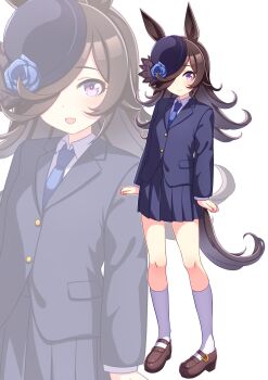 1girl animal_ears blue_flower blue_jacket blue_necktie blue_rose blue_skirt blush brown_hair closed_mouth collared_shirt commentary_request flipped_hair flower hair_over_one_eye hat hat_flower highres hokuyukis horse_ears horse_girl horse_tail jacket long_hair looking_at_viewer necktie open_mouth pleated_skirt purple_eyes rice_shower_(umamusume) rose shirt shoes simple_background skirt smile socks tail tilted_headwear umamusume white_background white_shirt white_socks zoom_layer