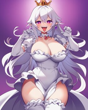 1girl 2025 artist_name breasts breasts_out choker claw_pose cleavage clothes_pull collarbone commentary cowboy_shot crown dress earrings elbow_gloves flipherrrr gloves gradient_background highres huge_breasts jewelry large_breasts long_hair looking_at_viewer luigi&#039;s_mansion mario_(series) new_super_mario_bros._u_deluxe nintendo nipples open_mouth pointy_ears princess_king_boo puffy_short_sleeves puffy_sleeves purple_background purple_eyes sharp_teeth short_sleeves solo sphere_earrings super_crown teeth thighhighs thighs tongue tongue_out upper_teeth_only very_long_hair white_dress white_gloves white_hair white_thighhighs
