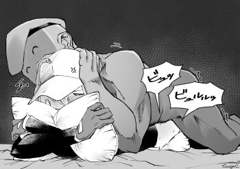 1boy 1girl ^_^ absurdres anger_vein baseball_cap bed_sheet beret blush boy_on_top closed_eyes clothed_female_nude_male clothed_sex commander_(girls&#039;_frontline) commentary_request face_in_pillow girls&#039;_frontline gloves greyscale hands_on_another&#039;s_head hat heavy_breathing hetero highres implied_ejaculation long_sleeves lying monochrome motion_lines muscular muscular_male nude hugging_object on_bed on_stomach pillow pillow_hug prone_bone scar-h_(girls&#039;_frontline) sex sex_from_behind sugac sweat translation_request vaginal