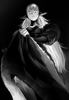1girl absurdres bags_under_eyes bare_shoulders black_background corset detached_hood dress dungeon_meshi ear_covers elf fur-trimmed_dress fur-trimmed_sleeves fur_trim furrowed_brow greyscale hashtag-only_commentary highres hood infinity_symbol lifting_own_clothes long_hair looking_at_viewer marcille_donato marcille_donato_(lord) monochrome pointy_ears signature solo spoilers symbol-shaped_pupils very_long_hair y95438370