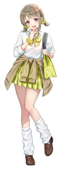 1girl bag blush bow bowtie brown_hair cardigan cardigan_around_waist clothes_around_waist collared_shirt commentary_request full_body gyaru gyarugasaki hair_ornament hair_scrunchie highres loafers looking_at_viewer loose_socks love_live! love_live!_nijigasaki_high_school_idol_club miniskirt nakasu_kasumi official_alternate_costume official_alternate_hairstyle open_mouth plaid_clothes plaid_skirt pleated_skirt red_eyes sankuro_(agoitei) school_bag scrunchie shirt shoes short_hair short_twintails simple_background skirt socks solo twintails v v_over_mouth white_background white_shirt white_socks wrist_scrunchie yellow_bow yellow_bowtie yellow_scrunchie yellow_skirt