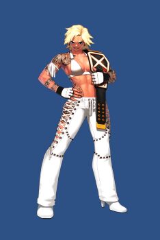 1girl abs absurdres arm_tattoo armband belt black_eyes blonde_hair blue_background collarbone dgk earrings fingerless_gloves fingernails gloves high_heels highres holding holding_belt jewelry leg_tattoo looking_at_viewer muscular muscular_female navel original over_shoulder parted_lips shiny_skin shoulder_tattoo simple_background smile solo standing tattoo teeth tooth_earrings white_footwear wrestler