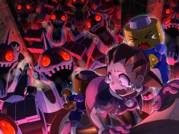 &gt;_&lt; 1girl 6+others artist_request breasts brown_hair capcom chasing crying crying_with_eyes_open earrings flipped_hair gloom_(expression) glowing glowing_eyes green_eyes hairband jewelry looking_back mega_man_(series) mega_man_legends_(series) multiple_others open_mouth pantyhose reaverbot_(mega_man) red_eyes scared servbot_(mega_man) tears tron_bonne_(mega_man)