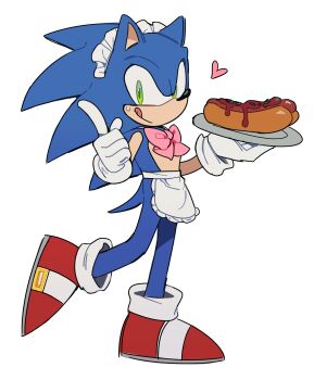 1girl absurdres animal_ears animal_nose apron blue_fur bow bowtie chili_dog full_body furry furry_male gloves green_eyes hedgehog_boy highres holding holding_plate hot_dog maid_headdress male_focus pink_bow pink_bowtie plate red_shoes shoes short_tail simple_background smile sonic_(series) sonic_the_hedgehog standing tail unneul waiter white_apron white_background white_gloves