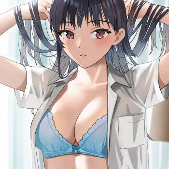 1girl arms_up black_hair blue_bra bow bow_bra bra breast_pocket breasts brown_eyes choppy_bangs cleavage commentary_request doushimasho expressionless film_grain hands_in_own_hair highres large_breasts long_hair looking_at_viewer open_clothes open_shirt original parted_lips pocket shirt short_sleeves solo underwear upper_body white_shirt